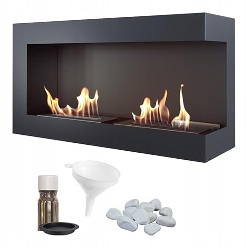 KRATKI Delta 900 Caminetto ad angolo destro a bioetanolo + ciottoli + imbuto + set per aromaterapia | Per montaggio a parete o ad incasso l Biocontenitore 0,5 l, TÜV | Acciaio, 48 x 90 cm, nero