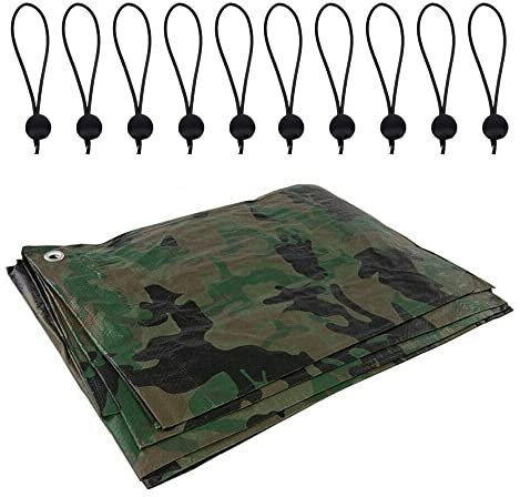 4 x 4 m Tarpaulin Waterproof Heavy Duty Cover Camping Ground Sheet Caravan Furniture Multipurpose + 10 Bungee Balls (Camo/Army – 90 GSM)