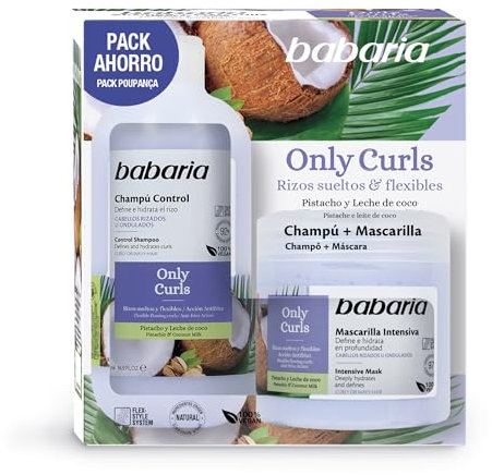 Babaria Pack Only Curls - Champú y Mascarilla para Ondas y Rizos, Define e Hidrata, Acción Antifrizz, con Pistacho y Leche de Coco, con un 97% de Productos Naturales, 100% Vegano
