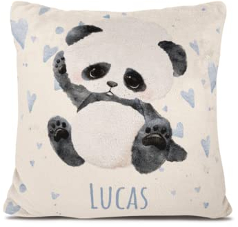 Personalisedog Personalisiertes Fleece Baby Kissen mit Wunschname & Tierdesign und Motivfarbe | Namenskissen Geschenk zur Geburt oder Taufe mit Namen für Junge & Mädchen (Panda mit Herzen)