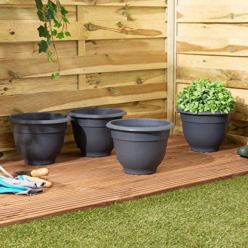 Wham Bell Pot 4 x 28cm Round Plastic Garden Planters | 100% Recycled Plastic | Lightweight & Weather-Resistant | Drainage Points for Easy Drilling | Indoor & Outdoor Use | Made in UK - Slate