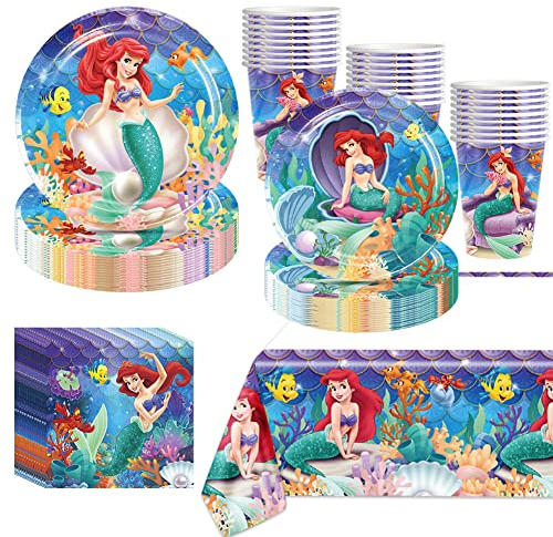 Antsparty 81 pcs Mermaid Party Supplies Set Mermaid Party Tableware Mermaid Plates Cups Napkins Tablecloth for Girl’s Mermaid Theme Birthday Party Baby Shower Decorations, Serves 20 Guests