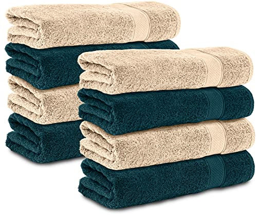 Komfortec 8er Handtücher 50x100 cm Set aus 100% Baumwolle, Frottee, Weich, Beige/Petrol