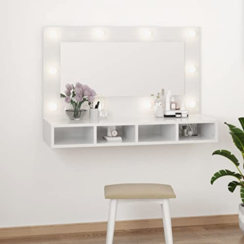 Armoire à Miroir LED Homise - Blanc Brillant 90x31,5x62 CM, 4 Compartiments, Murale en Bois pour Maquillage
