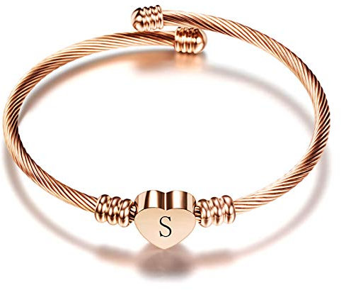 LSxAB Women Initial S Letter Cuff Bracelet Rose Gold Heart Personalised Stainless Steel Bangle Wristband Bracelets Expandable