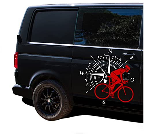 Autoaufkleber Kompass Sport Bike 61x60cm Windrose Sticker Folie für Auto Wohnwagen Anhänger Aufkleber Selbstklebend Kfz Zubehör KX072 KX073 (Kompass weiß, Fahrrad Rot)