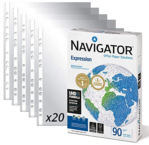 Packung mit 500 Blatt Navigator Universal A4 90 g + 20 Hüllen aus Kunststoff für Folien, Packung mit Blättern Din A4 - Opituria (500 Blatt + 20 Hüllen)