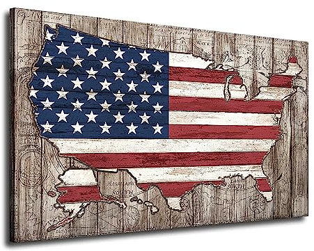 Kunstdruck auf Leinwand im Vintage-Stil, Motiv: amerikanische Flagge, rot, weiß, blau, Landkarte, patriotische Bilder, Kunstwerk, Holzplanken-Effekt, Leinwanddruck für Wohnzimmer, Schlafzimmer, Büro,