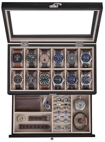 SONGMICS Uhrenbox mit 12 Fächern, 2-stöckige Uhrenvitrine mit großem Glasdeckel, herausnehmbare Uhrenkissen, Samtfutter, Schmuckschatulle, Geschenkidee, Ebenholzschwarz UJOW012B01
