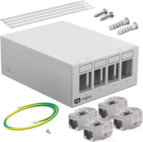 HB-DIGITAL Set : Boîtier de panneau de brassage 4 ports pour modules Keystone + 4 x Cat.8 Keystone femelle RJ45 Jack pour installation réseau compatible avec câble de pose LAN Ethernet | Gris clair