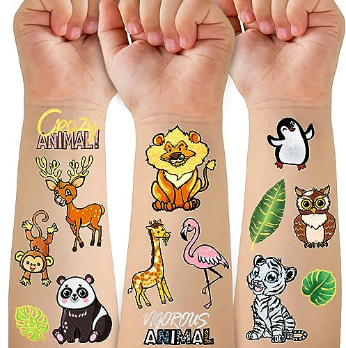 69 PCS Dschungel temporäre Tattoos für Kinder, Metallic Art Zoo gefälschte Tattoo-Aufkleber für Safari-Party-Dekor, Löwe-Affe-Tattoos für 4 5 6 Jahre alt Jungen Mädchen Geburtstag liefert Baby-Dusche
