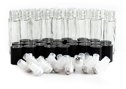 GPK4ALL 10ml Clear Glass Roll on bottles with stainless steel roller balls & black caps, pack of 24 (clear)