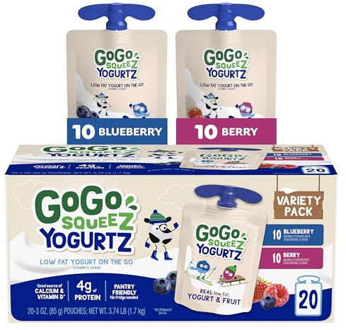 GoGo squeeZ yogurtZ Variety Pack, Blueberry & Berry, 3 oz (Pack of 20), Kids Snacks Made from Real Yogurt and Fruit, No Fridge Needed, Gluten Free, Nut Free, Recloseable Cap, BPA Free Pouches