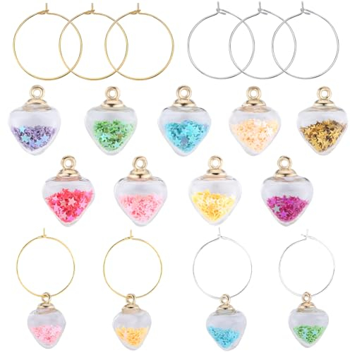 SUNNYCLUE 1 Box 18Pcs Wine Glass Identifiers Wine Glass Charms Heart Glass Ball Charm Drink Charms Bulk Wine Identifiers Drink Marker Tags for Gathering Wedding Holiday DIY Party Favor Drinks Decor
