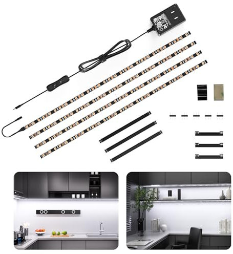 WOBANE Striscia Led Cucina Sottopensile 2 metri, 4X50cm Strisce Led Adesiva per Cucina con Interruttore e Spina, 1200LM Illuminazione Sotto Pensile per Vetrine,Scrivania,TV, Bianco Freddo 6000K, Nero