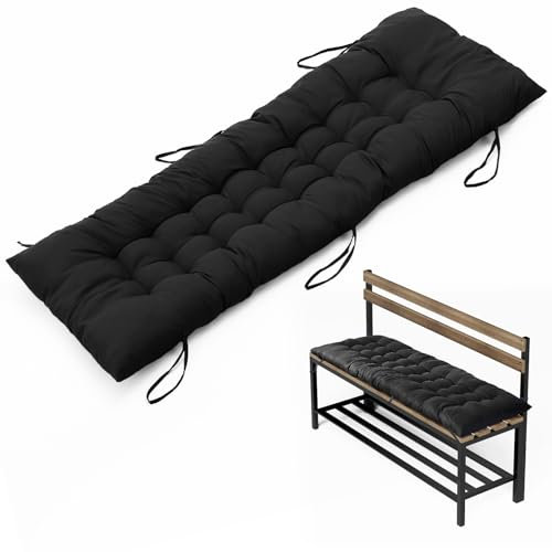 DKIEI Garden Bench Seat Cushion, 2/3 Seater Bench Cushion with Non-Slip Straps, 8cm Thick Comfortable Dining Bench Seat Pad, Rectangle Bench Seat Indoor Outdoor 125x48cm Black