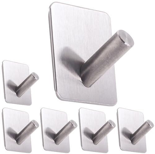RICOO 6 x Edelstahl Haken selbstklebend MH021-6 Klebehaken Badezimmer Handtuchhaken ohne Bohren Kleiderhaken zum Kleben Badhaken Metallhaken zum Einhängen Badezimmerhaken Wandhaken Bad
