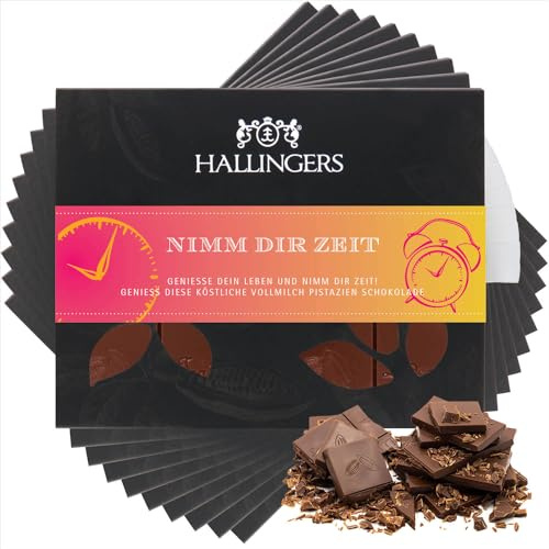 Hallingers Genuss Manufaktur Schokolade Geschenk - Tafel Edelkakao handgeschöpft ohne Alkohol edler Karton 10x Nimm Dir Zeit Pistazie-Amaretto, Geschenkidee für Frauen Männer