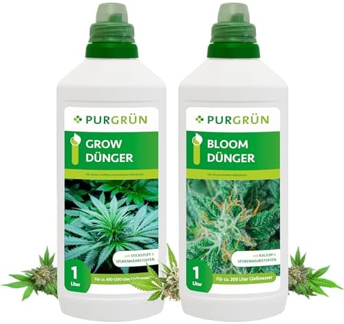Purgrün® Cannabis-Dünger-Set 2 x 1 Liter– Schnell wirksame mineralische Rezeptur – Vollspektrum-Nährstoffe für Wachstum & Blüte – Flüssigdünger Indoor & Outdoor – Für Autoflower, Sativa & Indica
