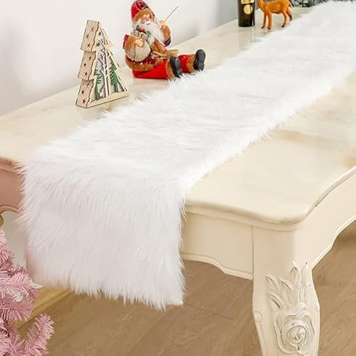 Tischläufer Kunstfell Weiß Weihnachten Tischläufer Dekofell Tischläufer Abwaschbar Felloptik Tischläufer Modern Weihnachten Tischdekoration Für Weihnachten, Hochzeit, Schminktisch (183cm)