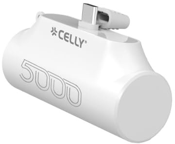 Celly, Powerbank Compatto con Connettore USB-C Integrato e Capacità di 5000mAh, Ricarica Rapida, Caricatore Portatile Universale per Smartphone, Colore Bianco