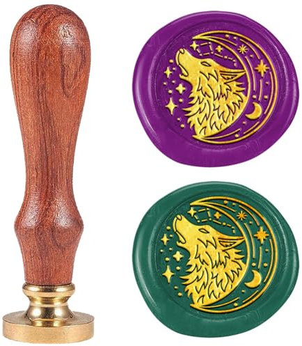DELORIGIN 25 mm Wolf Und Mond Wachssiegelstempel Personalisiert Retro Siegelstempel Mit Holzgriff Siegelstempel Siegelwachs Für Umschlag Grußkarte Brief Hochzeitseinladung Geschenk