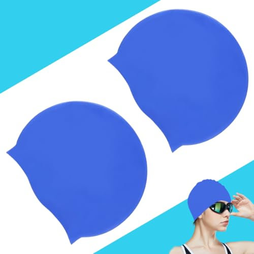 Cuffia da nuoto in silicone di alta qualità con rivestimento in ripstop per il comfort e l'antiscivolo Cuffia da nuoto, cuffia da nuoto per capelli lunghi e per donne, uomini, set da 2 pezzi (blu)