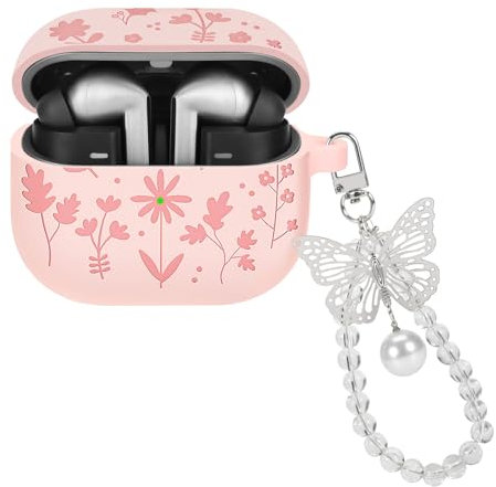 DiyGody for Samsung Galaxy Buds 3/3 Pro Case, Cute Flower Engraved Design Soft Silicone Protective Cover with Plating Butterfly Keychain (Pink)