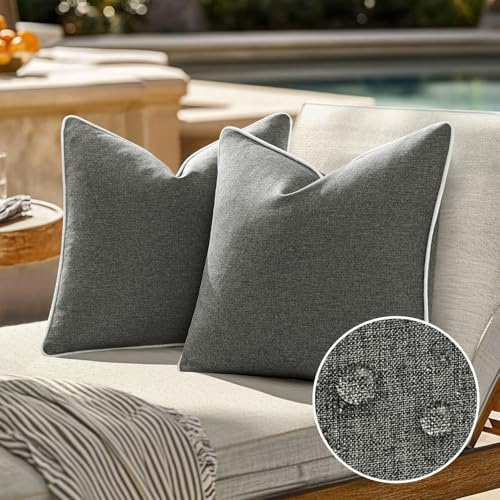 EMEMA Wetterfest Kissenbezug Outdoor 40x40 Dunkelgrau Wasserdicht | Sofakissen Dekokissen Kissenbezüge Dekorativ Kissen Kissenhülle aus Polyster für Garten Sofa Wohnzimmer Bett 2er Set