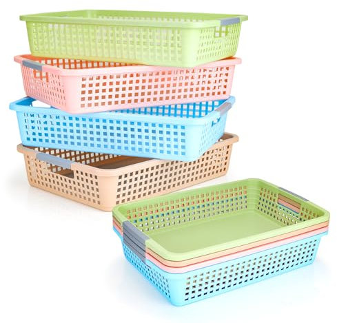 HUOIQIUE Bunte Kunststoff-Aufbewahrungsbehälter für Klassenzimmer, 38 x 26 cm, für die Organisation von Papierablagen, Bleistiften, Kunst- und Bastelbedarf, Macaron-Behälter für Schulbedarf, 8 Stück