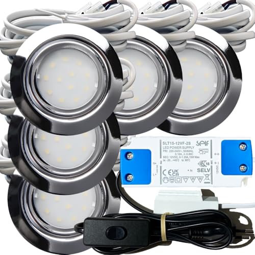 5er Set IP44 LED flache Einbaustrahler New Lina - 12V, 2,4W, Chrom, 200lm, Warmweiß (3000K), inkl. LED-Trafo mit 230V Zuleitung, Netzstecker, Schnurschalter und AMP-Verteiler, Ø 72mm, Bohrloch 54-60mm
