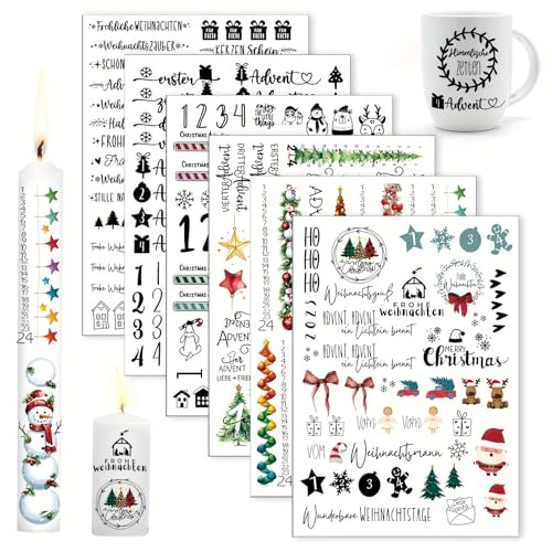 BYTLXM Kerzentattoo, 6 Stück Advent Kerzentattoos, Kerzen Sticker Tattoo, Kerzen Aufkleber Weihnachten, Wassertransferdruck Kerzenfolie, für Adventskerzen Kerze Tasse DIY Geschenk, Kerzen Dekorieren
