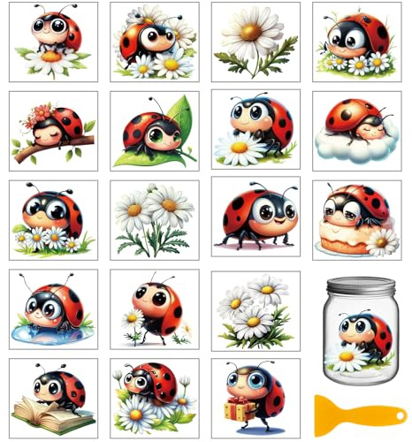 GLOBLELAND 18 Blatt Bunte Marienkäfer Tier UV DTF Tasse Transfer Aufkleber 3.9x3.6 Zoll Blumen DTF Transferaufkleber Möbel Großformat Transfers für Glasbecher Keraflott Möbel Glas Holz