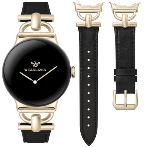 Wearlizer Lederarmband Kompatibel mit Google Pixel Watch 3 41mm/Pixel Watch 2/Google Pixel Damen, Schickes Designer Armbänder mit D-Shape Schnalle für Pixel Smartwatch 2/1,Schwarz/Champagner Gold