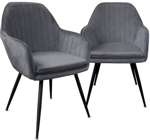 TRISENS Esszimmerstühle Steppoptik Loungesessel mit Armlehnen gepolsterte Küchenstühle mit abgestepptem Samtbezug Stühle mit Metallgestell, Farbe:Schwarz-Alcantara, Menge:2 St.