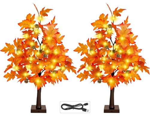 Beleuchteter Herbst-Ahornbaum, 60 cm – 61 cm, Thanksgiving-Tischlampe, Dekoration mit 36 LED-Lichtern, 72 Ahornblättern, 6 Kiefern, Timer, batterie- oder USB-betrieben, künstlicher Baum für den