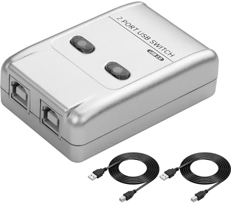 CERRXIAN USB2.0 - Conmutador manual de impresora 2 en 1 para compartir impresoras, 2 puertos USB-B Conversor Hub con 2 cables de impresora USB (5 pies/1,5 m) para escáner de impresora