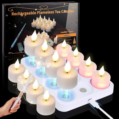 KIKILIVE Rechargeable LED Candles Tea Lights Flickering with Magic Wand Remote Control Timer, 12pcs Flameless Tea Candles for Room Table Halloween Christmas Decor