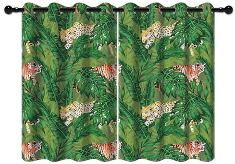 YONGFOTO 107x160cm Dschungel Safari Verdunkelungsvorhänge für Schlafzimmer Grüne Tropische Tiere Wildlife Tiger Leopard Monstera Fensterbehandlungen für Kinderzimmer, 2 Paneele mit Ösen