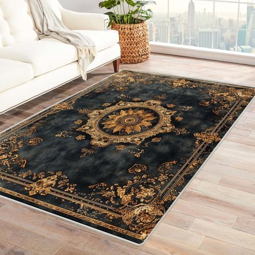 TODOAA Wohnzimmer Kurzflor Abstrakt Teppiche Vintage Blumenmuster für Kinderzimmer,Schlafzimmer, Esszimmer rutschfest Weich Modern Boho In & Outdoor Teppich Groß(Golden)-60x90cm