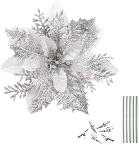 20 Stück Künstliche Weihnachtsblumen mit Clip,Blumen Weihnachtsbaum Blumenschmuck Weihnachtsbaum Ornamente,Weihnachtssternblumen mit Glitzerpulverdekorationen für Weihnachtsbaumgirlanden (Silber)