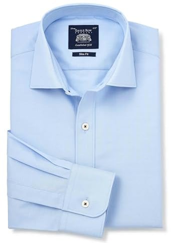 THE SAVILE ROW COMPANY LONDON Men's Slim Fit Cotton Herringbone Single Cuff Formal Shirt - Sky Blue - 14.5 Collar