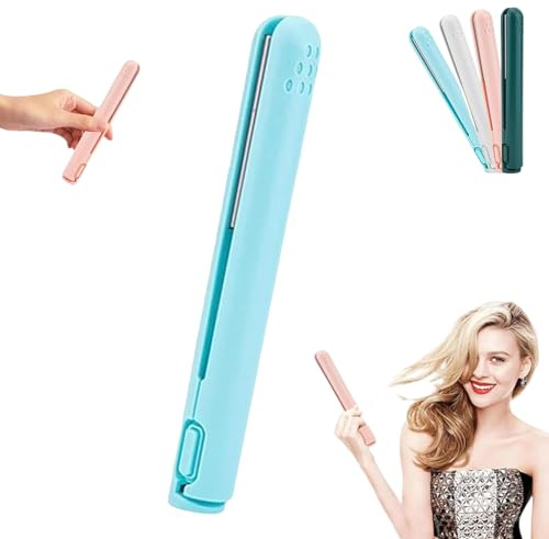 Curling Iron, Upgrade Cordless 2-in-1 Portable Wand and Flat, Mini Dual-Purpose Ceramic Curling Iron, Portable Travel Curlings Wand for All Hair Types, Rapid Heating(Blue)