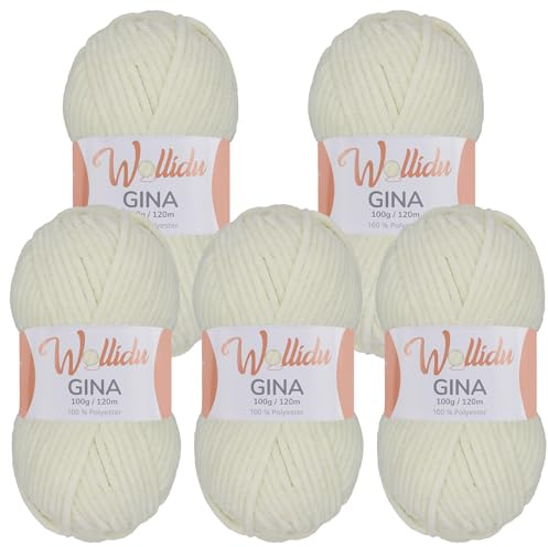 Wollidu Gina - Lot de 5 pelotes de laine chenille - 100 g - 100 % polyester - 120 m chacun - Épaisseur du fil : 5 mm - Pour tricot et crochet - Fil peluche doux et velouté - Couleur écru