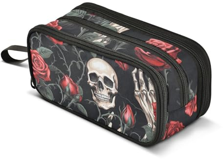 ISAOA Big Capacity Pencil Cases Red Roses with Skeleton Skull Pouch Bag Large Pen Bag Stationery Bag for Girls Boys Student Adults Zipper Pencil Pouch