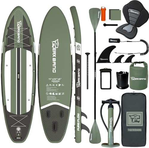 TIGERXBANG Inflatable Stand Up Paddle Board, SUP Board with Seat 11'x34 x6 Wide Paddleboard for Adults & Youth - All Skill Levels