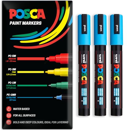 Posca Water Based Acrylic Paint Marker Pens | Multi Surface Use Permanent Paint Pen | Pack of 3 Pens in Envelope Gift Packaging | Glass, Fabric, Canvas, Wood etc | PC-5M, Light Blue