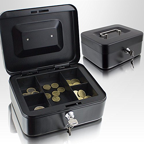 Geldkassette 20 cm klein abschließbar Münz Geld Zählbrett Kasse Safe Schwarz 195mm x 155mm x 39mm (B/T/H)