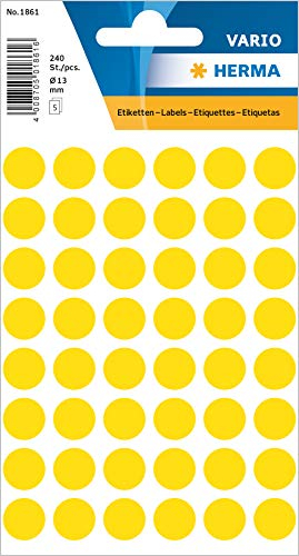 HERMA 1861 Punktaufkleber Klebepunkte gelb, 240 Stück, Ø 13 mm, 48 pro Bogen, selbstklebend, Markierungspunkte für Kalender Planer Basteln, matt, blanko Papier Farbpunkte Etiketten Aufkleber
