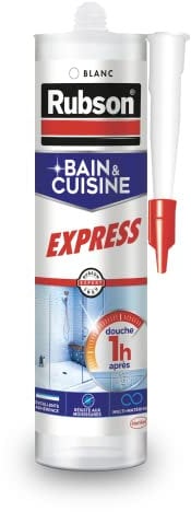 Rubson Mastic Bain & Cuisine Express , Joint silicone longue durée résistant aux moisissures, Mastic sanitaire étanche facile d’utilisation séchage en 1h, blanc, 280 ml